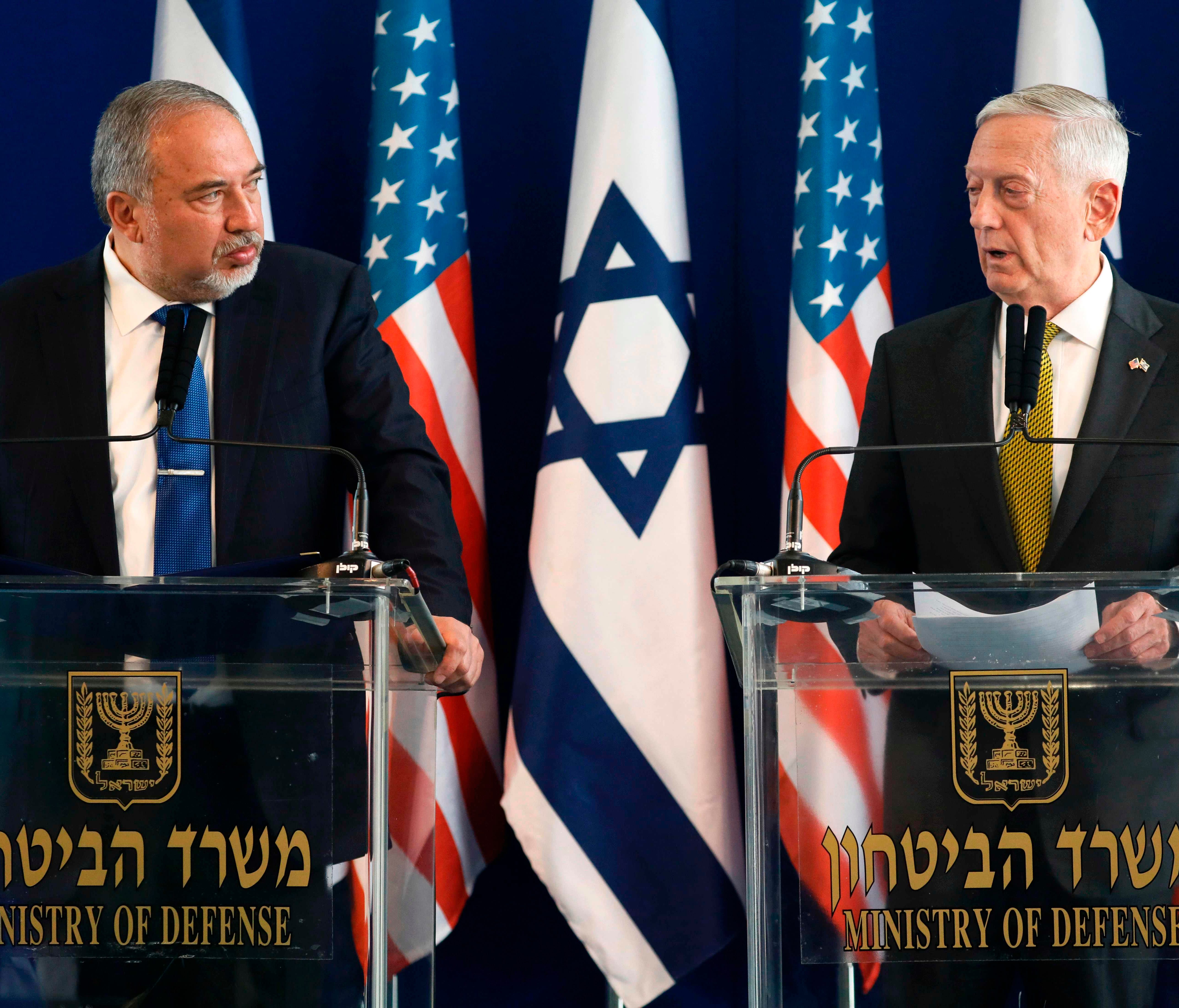 Israeli Defence Minister Avigdor Lieberman and Defence Secretary James Mattis give a joint press conference at the Ministry of Defence in Tel Aviv on April 21, 2017.