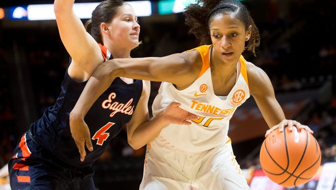 Tennessee guard Jaime Nared (31) drives past Carson-Newman guard Kelci Marosites (4) during Tennessee's exhibition opener against Carson-Newman at Thompson-Boling Arena on Tuesday, Nov. 7, 2017.
