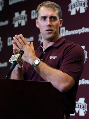 FILE - In this Aug. 1, 2016, file photo, Mississippi State defensive coordinator Peter Sirmon speaks of the squad's alignment this season to reporters during their NCAA college football media day, in Starkville, Miss. (AP Photo/Rogelio V. Solis)