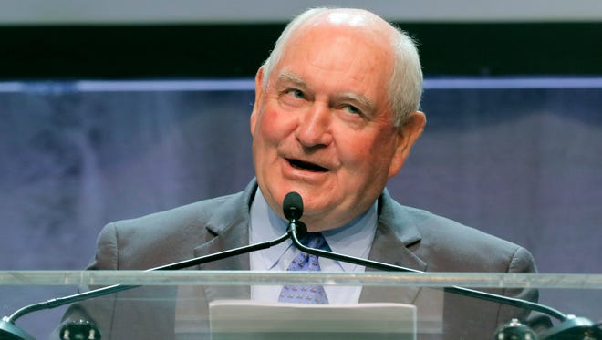 Secretary of Agriculture Sonny Perdue addressed the School Nutrition Association convention at the Georgia World Congress Center Wednesday, July 12, 2017, in Atlanta. The former Georgia governor spoke about his decision to relax requirements spearheaded by the Obama administration. (Bob Andres/Atlanta Journal-Constitution via AP)