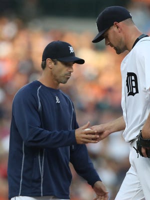 Detroit Tigers manager Brad Ausmus takes Mike Pelfrey out of the game during the second inning against the Kansas City Royals on Saturday, July 16, 2016 at Comerica Park in Detroit, MI.