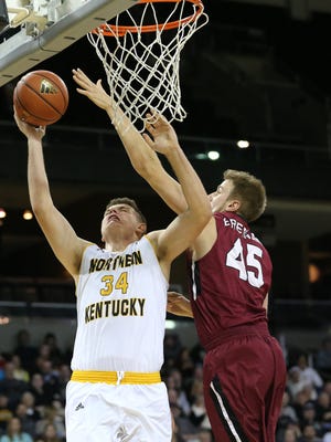 Northern Kentucky Norse forward Drew McDonald (34) scores on a drive to the basket in the second half during the college basketball game between the IUPUI Jaguars and the Northern Kentucky Norse, Thursday, Dec. 28, 2017, at BB&T Arena in Highland Heights, Ky. 