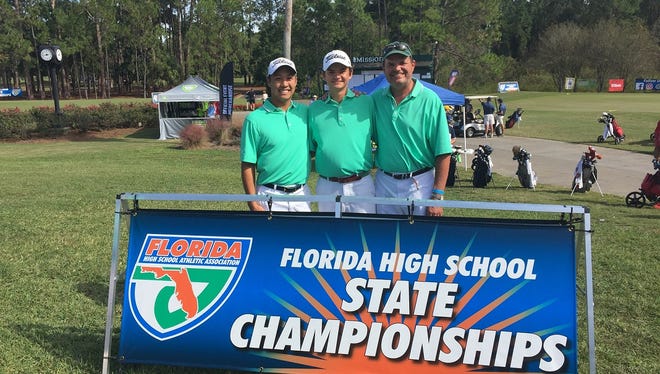Seacrest Country Day golfer David Morgan, center, poses with assistant coach Carl Santos-Ocampo, left, and father and coach David Morgan after he tied for sixth at the Class 1A boys golf state tournament at Mission Inn and Resort in Howey-in-the-Hills on Saturday, Oct. 29, 2016.