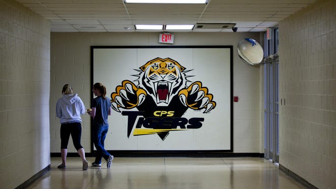 Students walk through a hallway at Carsonville-Port Sanilac High School.