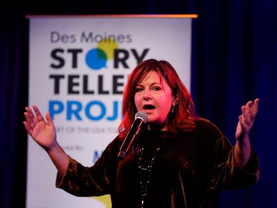 Register reporter Lee Rood tells her story Thursday, April 5, 2018, during the Des Moines Storytellers Project's show called "Busted: Stories of When I Got Caught" at the Temple Theater in Des Moines.