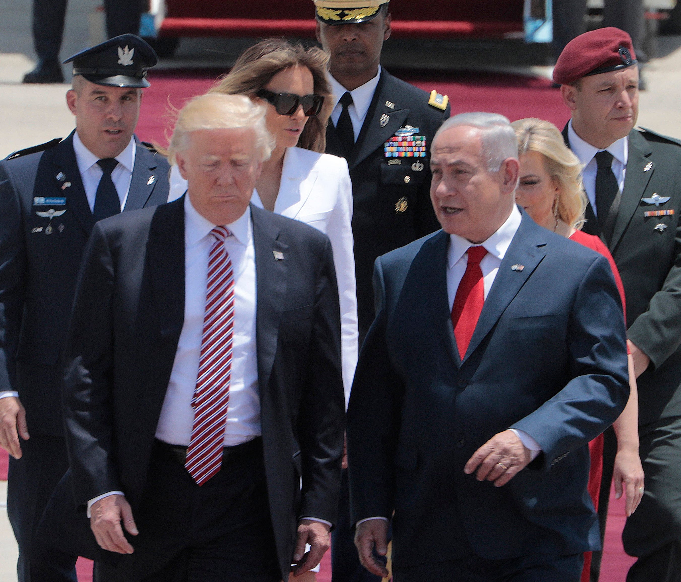 President Trump and his wife, first lady Melania Trump, are welcomed by Israeli Prime Minister Benjamin Netanyahu upon arrival at Ben Gurion Airport outside Tel Aviv, Israel Monday.