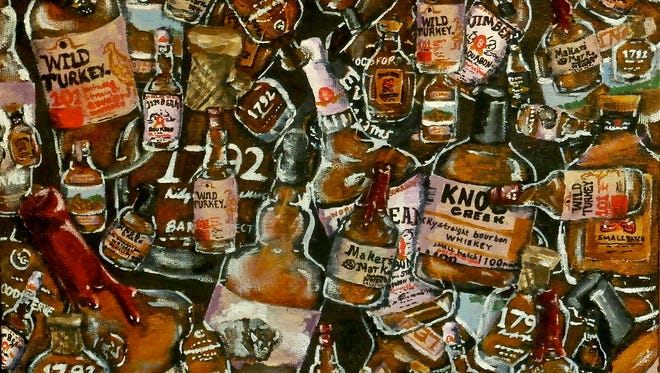 "50 Bottles of Bourbon on the Wall," an acrylic painting on canvas board, by Elizabeth Clare Taylor, part of the exhibit  "The Next Generation" at Kaviar Forge & Gallery.