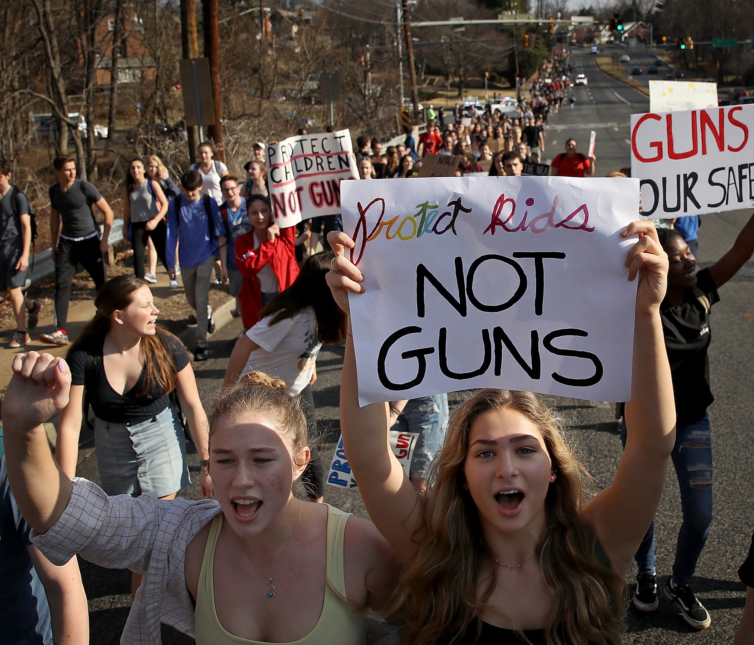 SILVER SPRING, MD - FEBRUARY 21:  Students from Montgomery Blair High School march down Colesville Road in support of gun reform legislation February 21, 2018 in Silver Spring, Maryland. In the wake of last week's shooting in Parkland, Florida, where