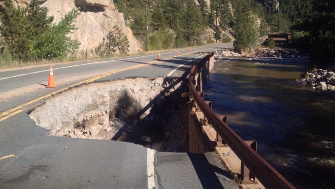 A collapsed section of U.S. Highway 34 in the Big Thompson Canyon, as seen on Sept. 24, 2013. The flooding in the canyon did heavy damage to roads there.