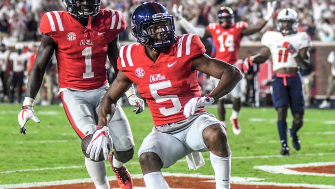 Ole Miss receiver DaMarkus Lodge (5)  has been limited by a shoulder injury this spring.