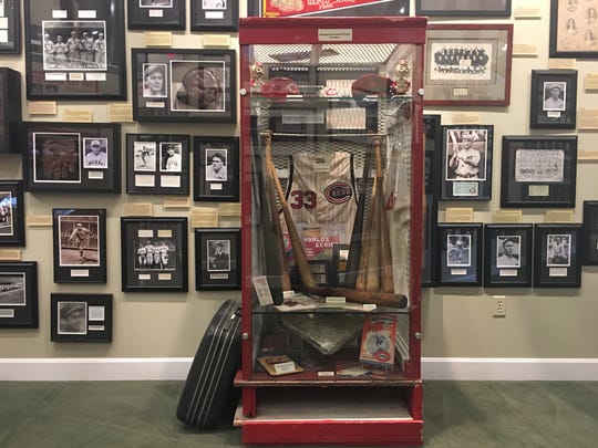 The Cincinnati Reds are featured heavily as the hometown team of the Green Diamond Gallery in Montgomery, Ohio. This is an authentic locker from Crosley Field filled with pieces of Reds memorabilia from a bygone time.