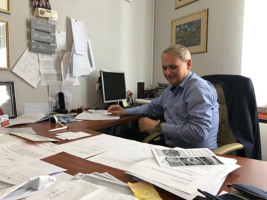 Robert Molnar, the mayor of Kubekhaza, a border village in Hungary, in his office on April 13.