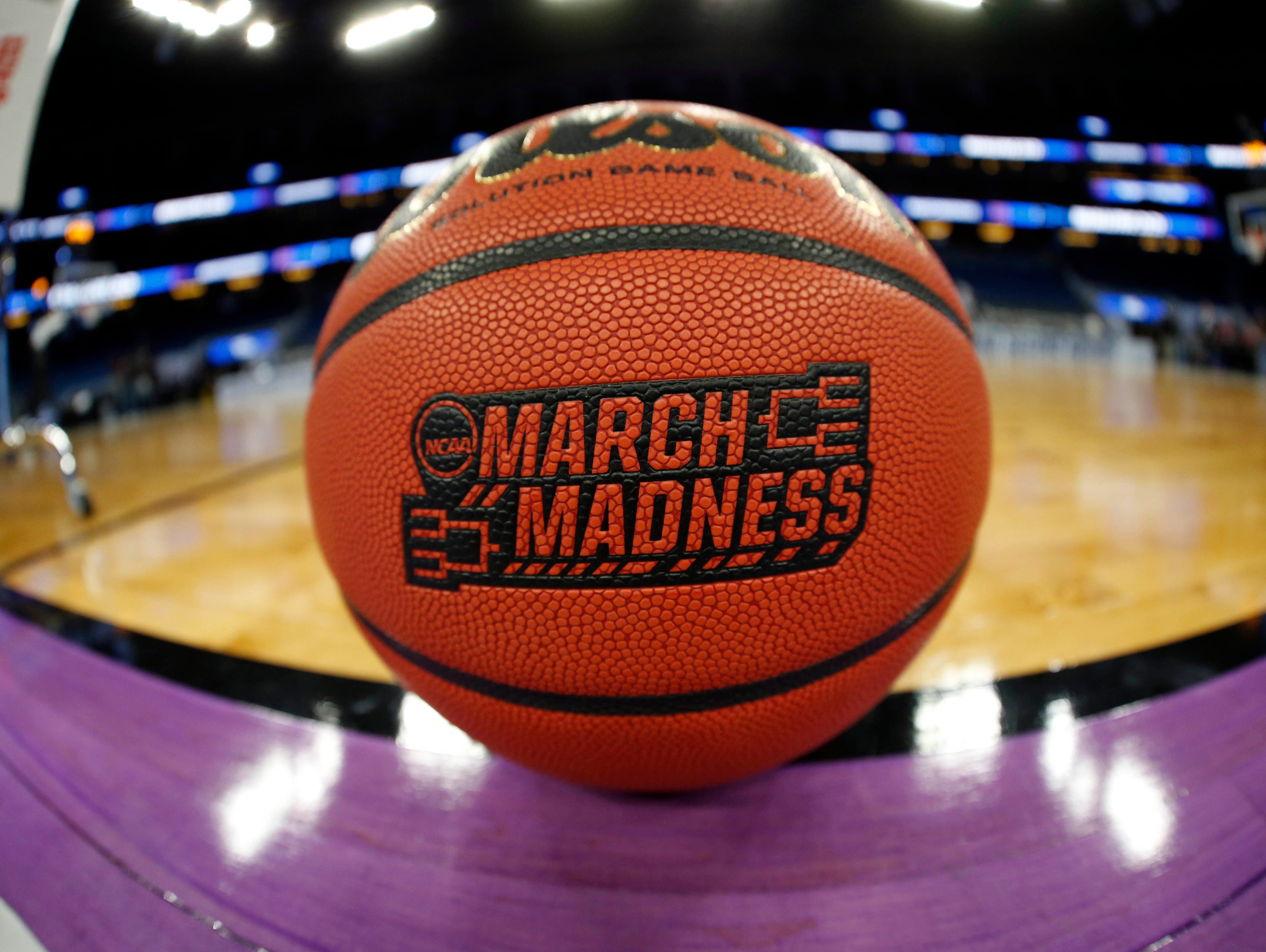 A general view of a March Madness basketball prior to a game between Maryland and Xavier in the first round of the 2017 NCAA tournament at Amway Center.