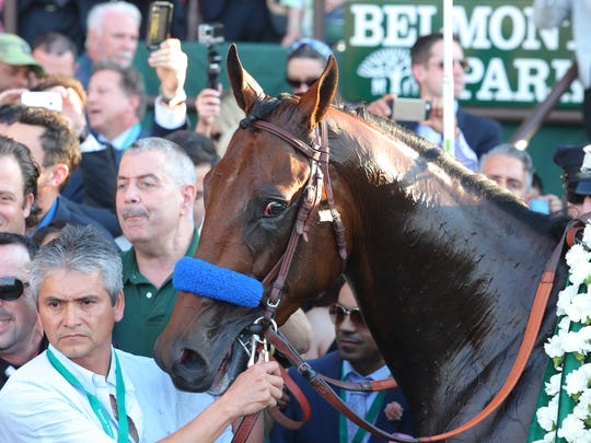 American Pharoah poses in the winners circle after
