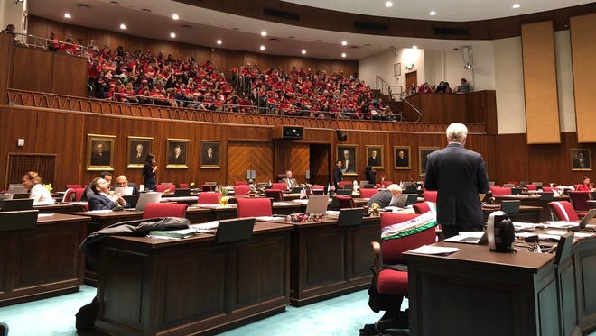 The House gallery is full of #Red4Ed supporters again on May 3, 2018. The lawmakers’ desks, however, are mostly empty. Coming up on the 12th hour of budget debates.