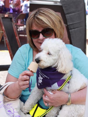Sinda Melugin gives Teddy a 'pupsicle' at 'Bark for Life' outside Antonia's Paw Spa Sunday.