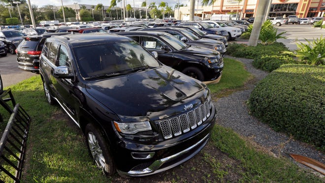 A group 2015 Grand Cherokees on display at a Fiat Chrysler dealership in Doral, Fla. Star Trek actor Anton Yelchin died June 19 after his 2015 Jeep Grand Cherokee pinned him against a mailbox pillar and security fence at his home in Los Angeles.