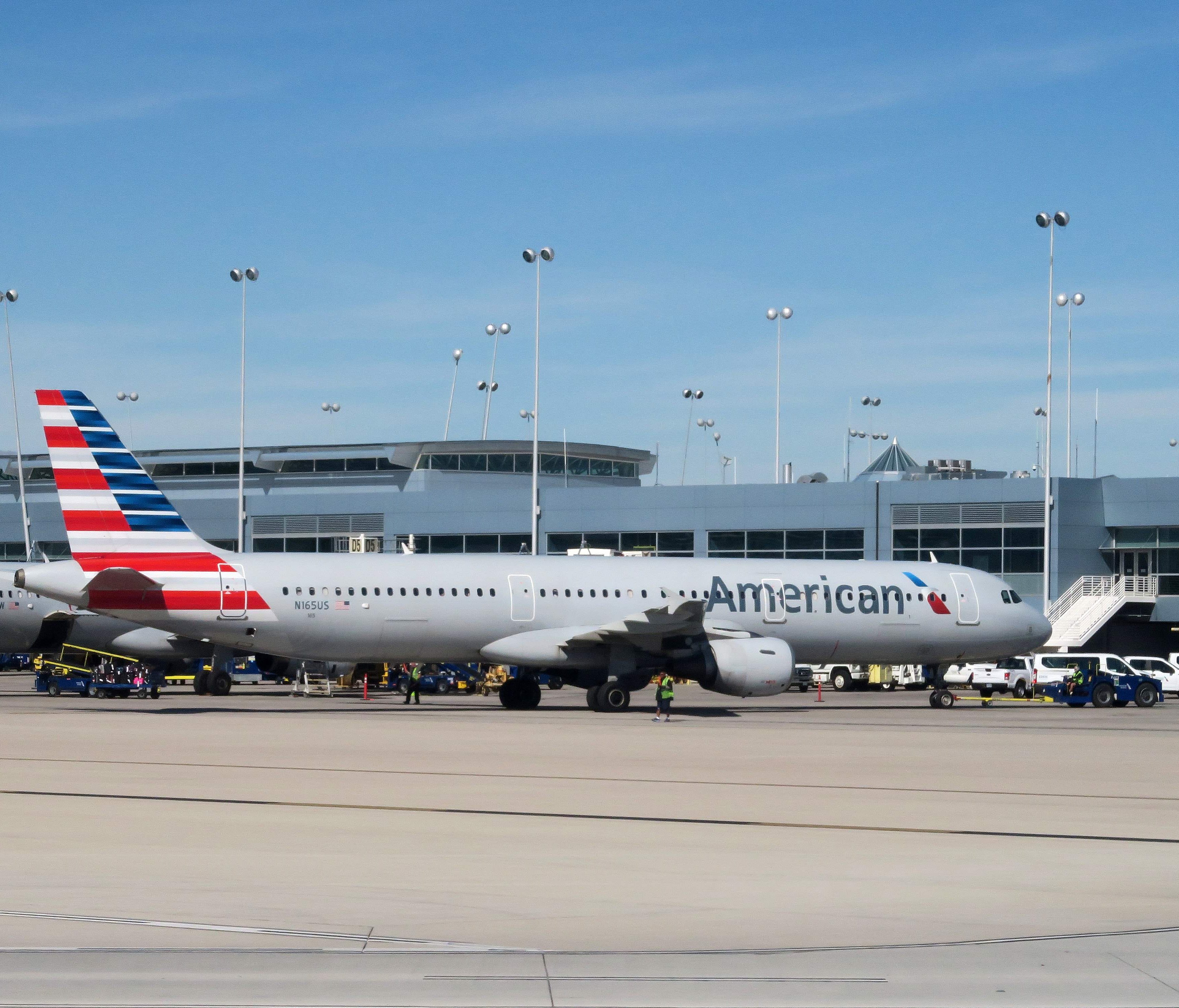 This file photo taken on February 15, 2017 shows American Airlines planes sitting at the gate on the tarmac of McCarran International Airport in Las Vegas, Nevada.