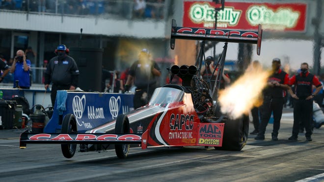 Steve Torrence, shown here in competition in October of 2020 in Dallas, will be shooting for a fifth consecutive NHRA Top Fuel title this season.
