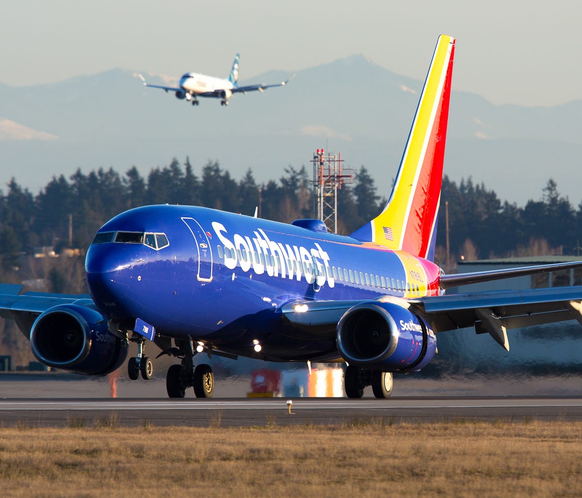A Southwest Airlines Boeing 737 lands at Seattle-Tacoma International Airport in February 2017.