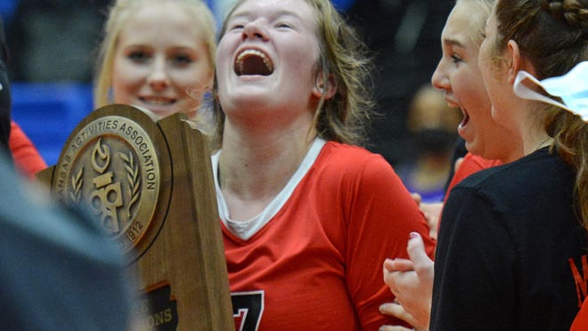 Mansfield's Brooke Wright reacts as she is announced as the 2A championship match MVP in the Hot Springs Convention Center on Saturday.