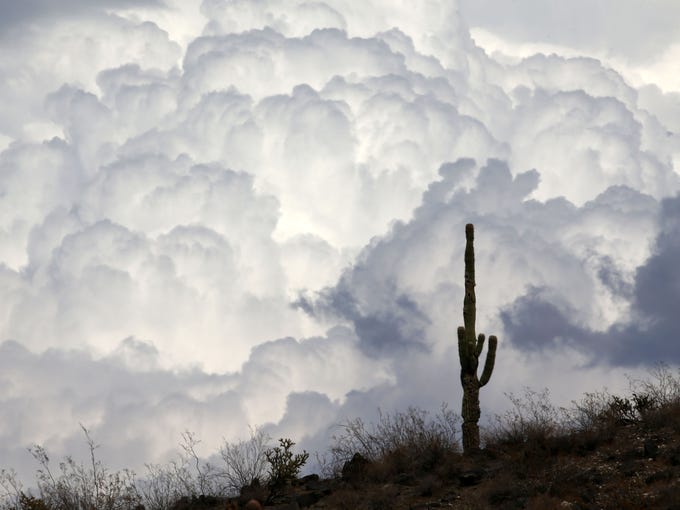 Monsoon thunderstorm clouds grow on the horizon east