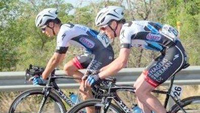 Chad Young, left, races during the Tour of the Gila race alongside his teammate Michael Rice. Both were invovled in a crash in Sunday's Gila Monster where Young had to be airlifted to a hospital in Tucson, Ariz., Rice was treated for his injuries and continued to race, finishing in 99th place in the fifth stage.