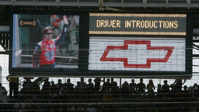 FILE -- A video screen shows Jeff Gordon during drivers introductions at the Allstate 400 at the Indianapolis Motor Speedway on July 29, 2007.