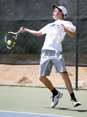 Catalina Foothills' Anton Nazaroff plays against Cactus Shadow Harry Carozza during the High school Div. II team tennis championship at Paseo Racquet Center in Glendale on May 6, 2017.