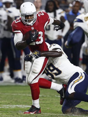 Arizona Cardinals Marion Grice runs against the San Diego Chargers during preseason action at the University of Phoenix Stadium in Glendale, AZ., Saturday, August 22, 2015.