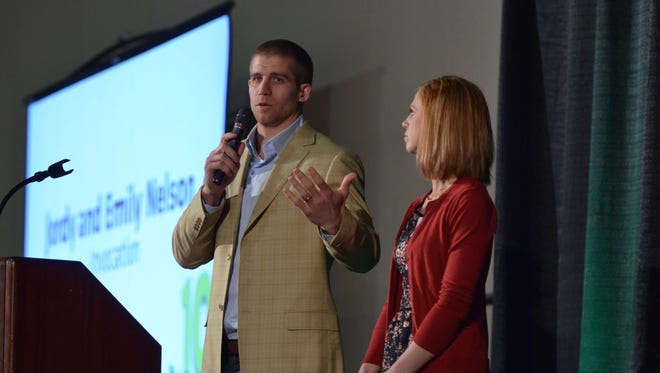 Green Bay Packers wide receiver Jordy Nelson and his wife Emily talk as the event hosts for the Young Life Green Bay Fall Fundraiser last year. The Nelsons are hosting this year's fall fundraiser for the local ministry Nov. 9 at KI Convention Center in downtown Green Bay.