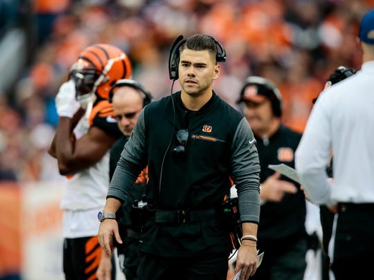 Cincinnati Bengals assistant special teams coordinator Brayden Coombs in the second quarter of the game against the Denver Broncos on Nov. 19, 2017, at Sports Authority Field at Mile High in Denver.