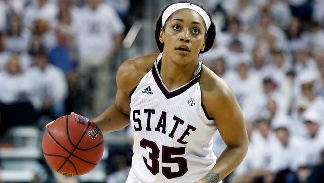 Mississippi State guard Victoria Vivians (35) looks up court as she dribbles the ball during the second half of the NCAA college basketball game against South Carolina in Starkville, Miss., Monday, Feb. 5, 2018.