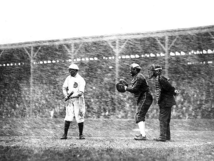 The Tigers' Davey Jones is up to bat during a snow
