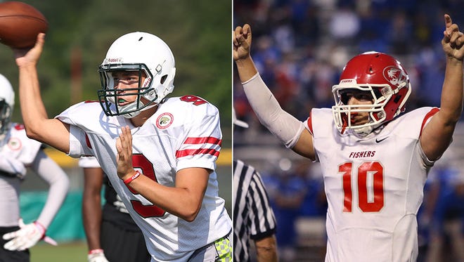 Lawrence North quarterback Jackson Hammersly (left) and Fishers quarterback Zach Eaton (right).