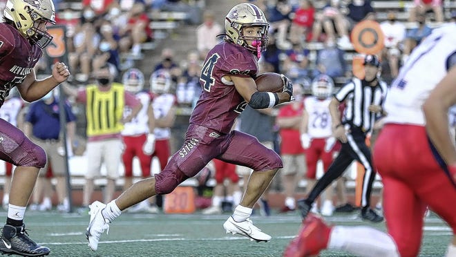 New Albany running back Jayden Fudge breaks loose for a touchdown during a 23-7 victory over visiting Grove City on Sept. 4. Fudge has rushed for 498 yards and six scores for the Eagles, who are 2-1 overall and 1-1 in the OCC-Ohio entering a Friday, Sept. 18, home game against Westland.