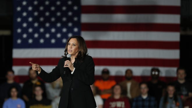 2020 Democratic presidential candidate Sen. Kamala Harris speaks during a town hall meeting April 10 at the University of Iowa in Iowa City, Iowa.