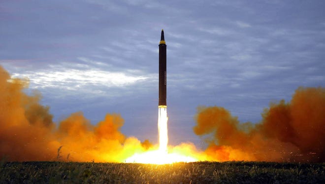 In this Aug. 29, 2017, file photo the North Korean government shows what it says is the test launch of a Hwasong-12 intermediate range missile in Pyongyang, North Korea.
