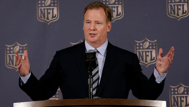 NFL Commissioner Roger Goodell speaks to reporters during the NFL's spring meetings in San Francisco.