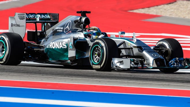 Mercedes driver Lewis Hamilton (44) of Great Britain during practice for the 2014 U.S. Grand Prix at Circuit of the Americas.