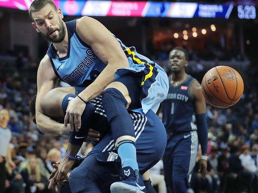 Memphis Grizzlies center Marc Gasol comes down hard