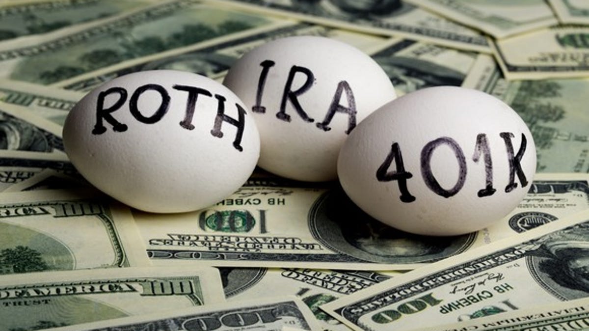 three eggs on a bed of currency, on each is written a word - roth, IRA, 401k