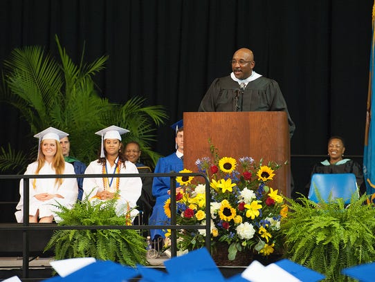 Jim Simmons, then principal at Brandywine High, speaks at the school's 2014 commencement.