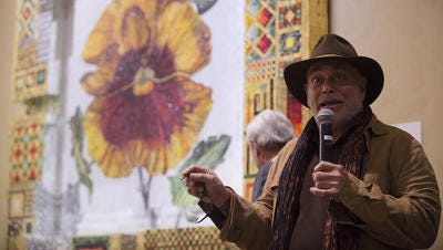 Nall speaks after the unveiling of his monumental mosaic "Sunrise Pensee" on Tuesday, Dec. 8, 2015, at the Renaissance Montgomery in Montgomery, Ala. The mosaic measures 8â by 8â, and was originally done For Christian Dior Perfumes for exhibit in Paris, France, âColor Addict, Nall by Diorâ at the Grand Palais. This is the first time for its viewing in the United States and it will reside at the Montgomery Renaissance Hotel and Convention Center indefinitely. The "Sunrise Pensee" image was made into a postage stamp in Monaco.