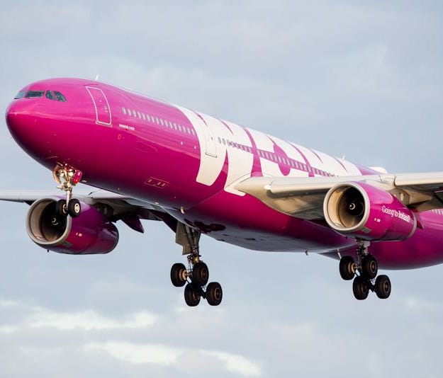 A WOW Air Airbus A330 lands at San Francisco International Airport on Oct. 23, 2016.