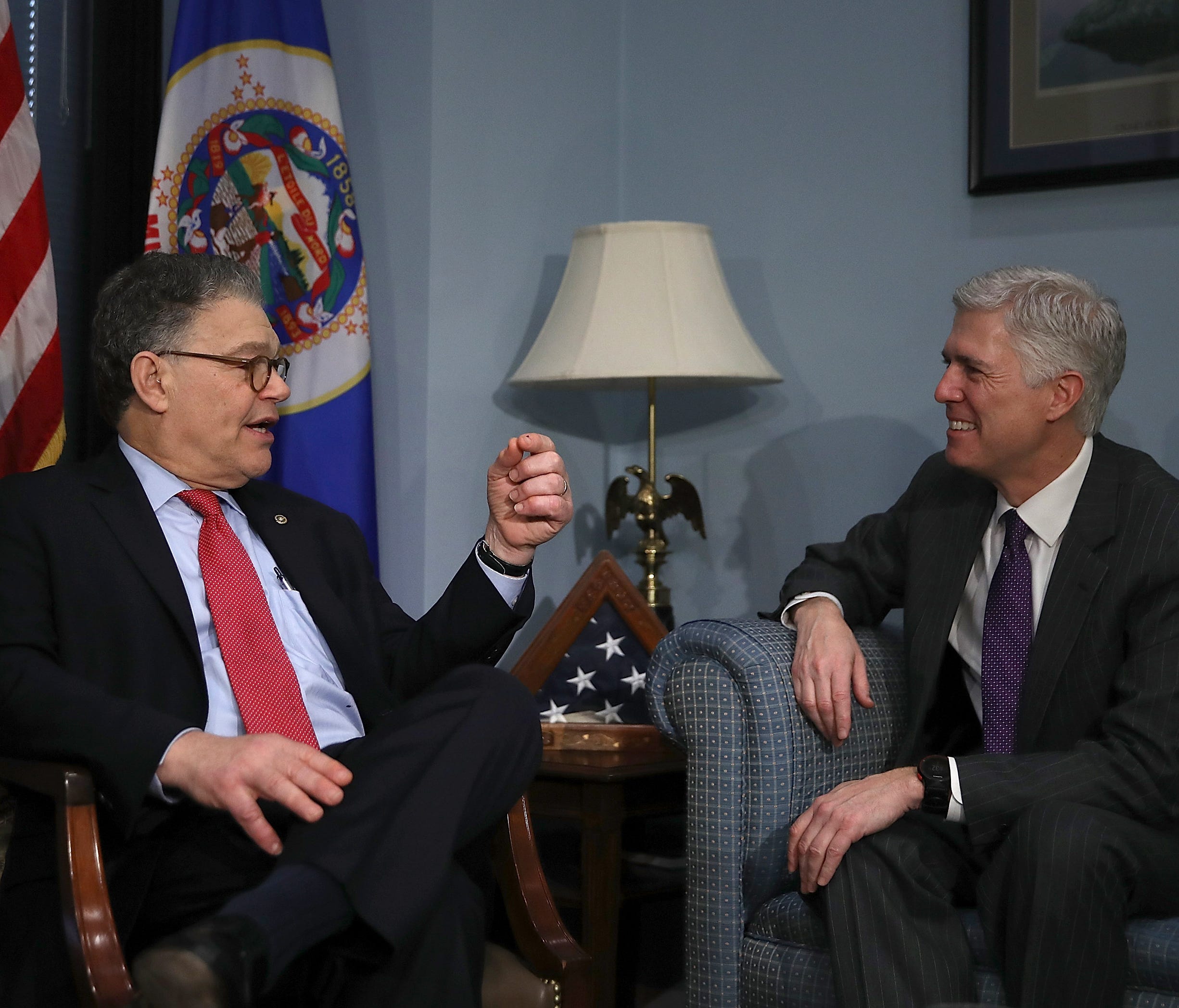 Judge Neil Gorsuch, right, visits Sen. Al Franken, D-Minn., on Capitol Hill on March 7, 2017.