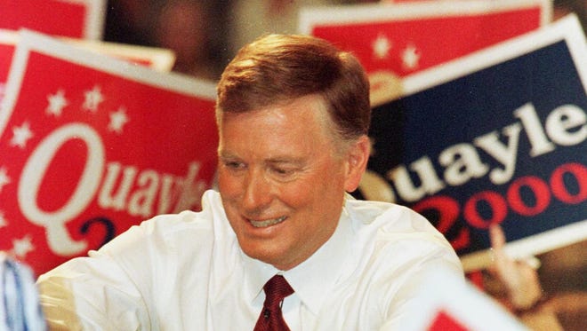 Former Vice President Dan Quayle shakes hands with supporters at Huntington High School in Huntington, Ind., April 14, 1999, after announcing  he would seek the presidency for the 2000 election.