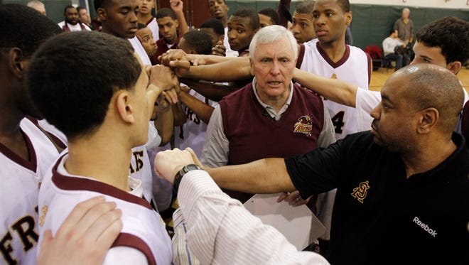 Bob Hurley talks to his players at St. Anthony High School on Feb. 2, 2011, in Jersey City, N.J.