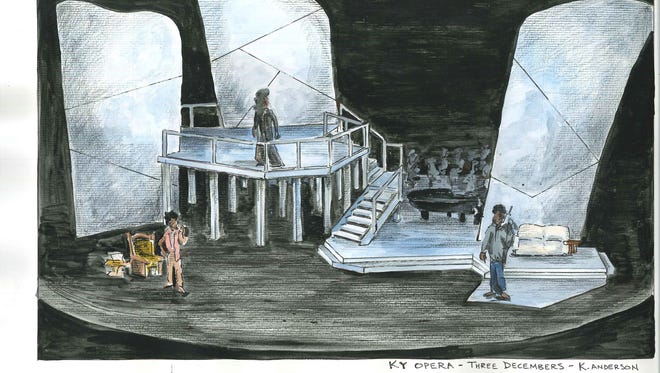 A rendering the Kentucky Opera's set for "Three Decembers" designed by 
Karl Anderson.