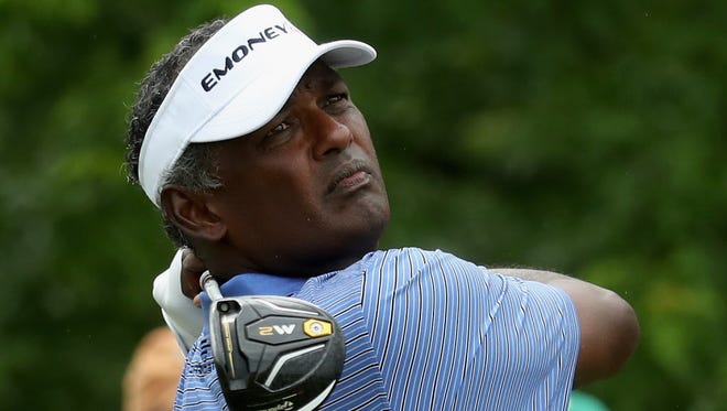 Vijay Singh tees off on the third hole during Round 3 of the Senior PGA Championship at Trump National Golf Club on Saturday.